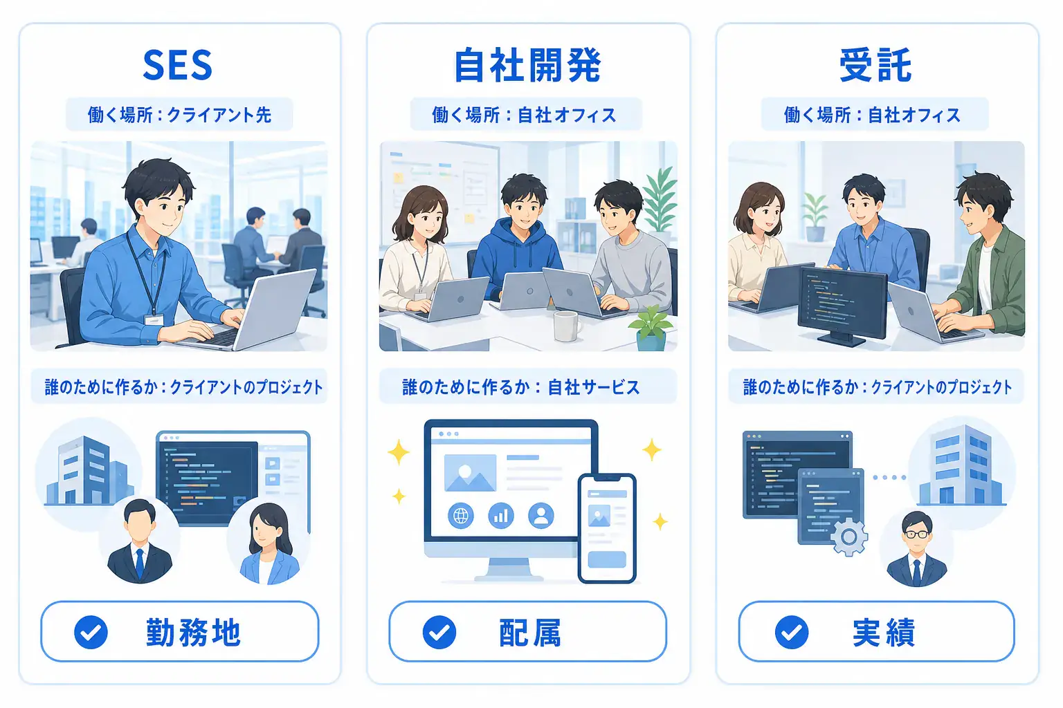 SES、自社開発、受託の働く場所と仕事の進み方の違いを比較し、求人票で確認すべき点を示した図。