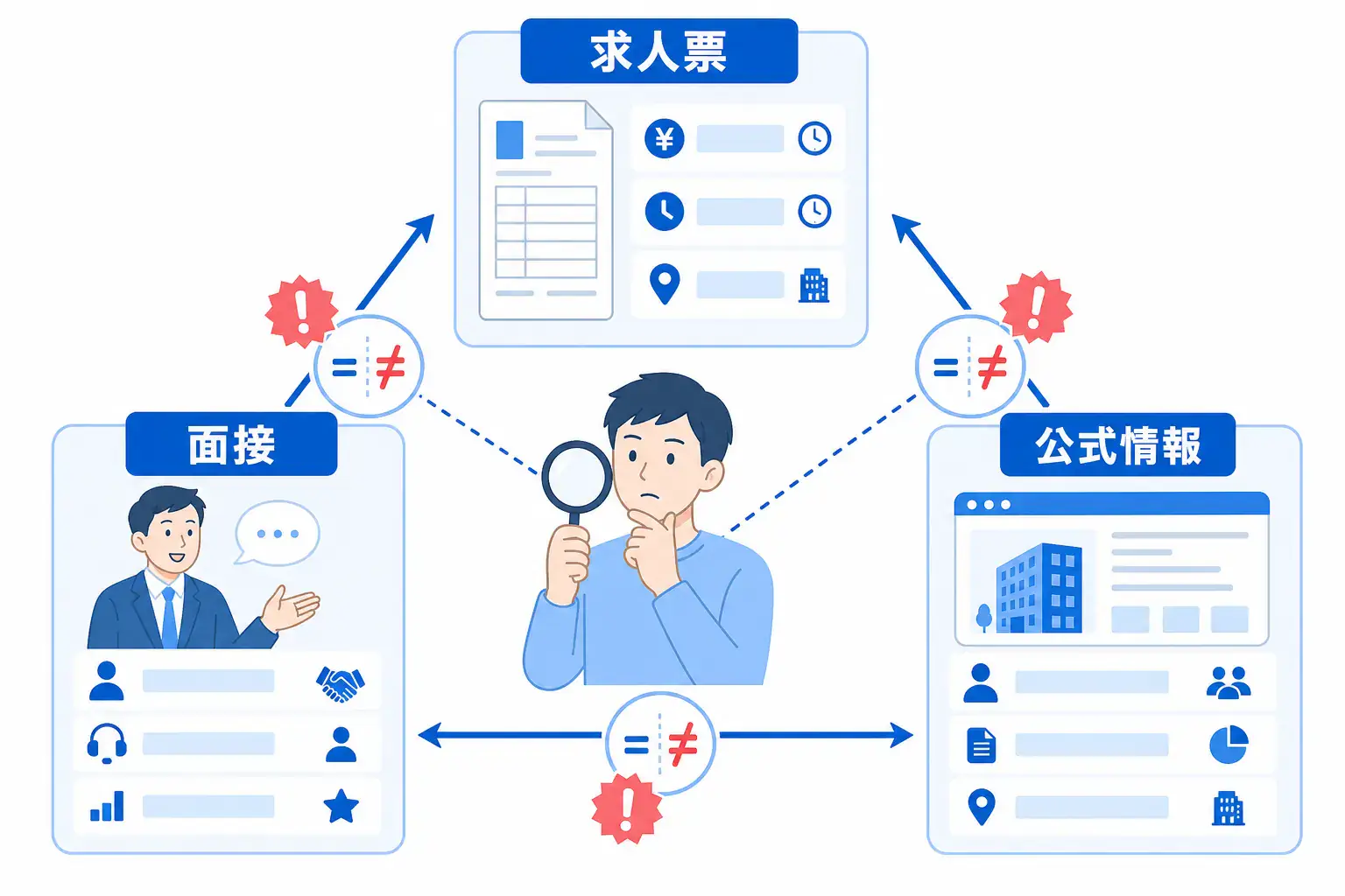 求人票・面接・公式情報の3か所を照合して、不一致からブラック企業の兆候を見抜く図。