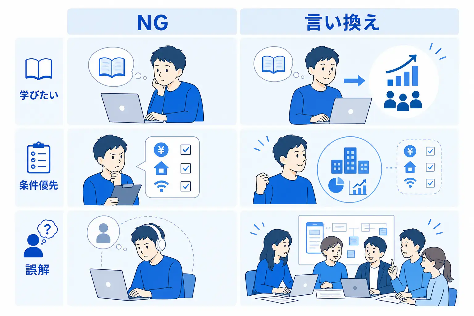 受け身・条件優先・仕事への誤解といったNG志望動機を、仕事軸の表現へ言い換える考え方を示す図。