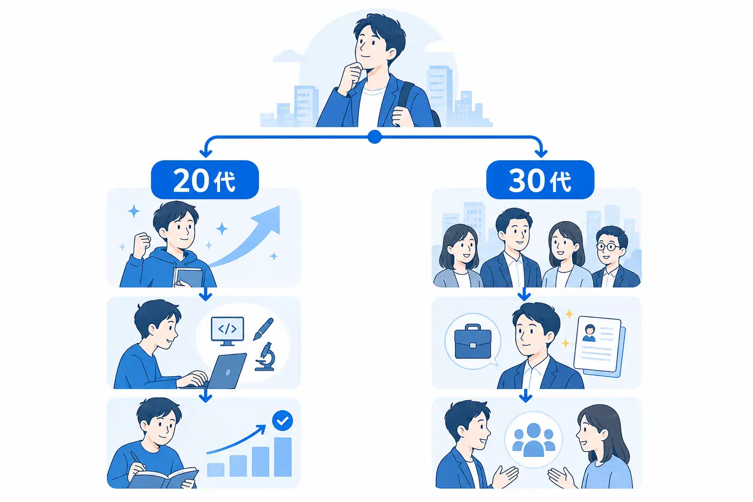 20代は特化型を使いやすく、30代は総合型や前職経験を生かす選び方が重要になることを示す分岐図。
