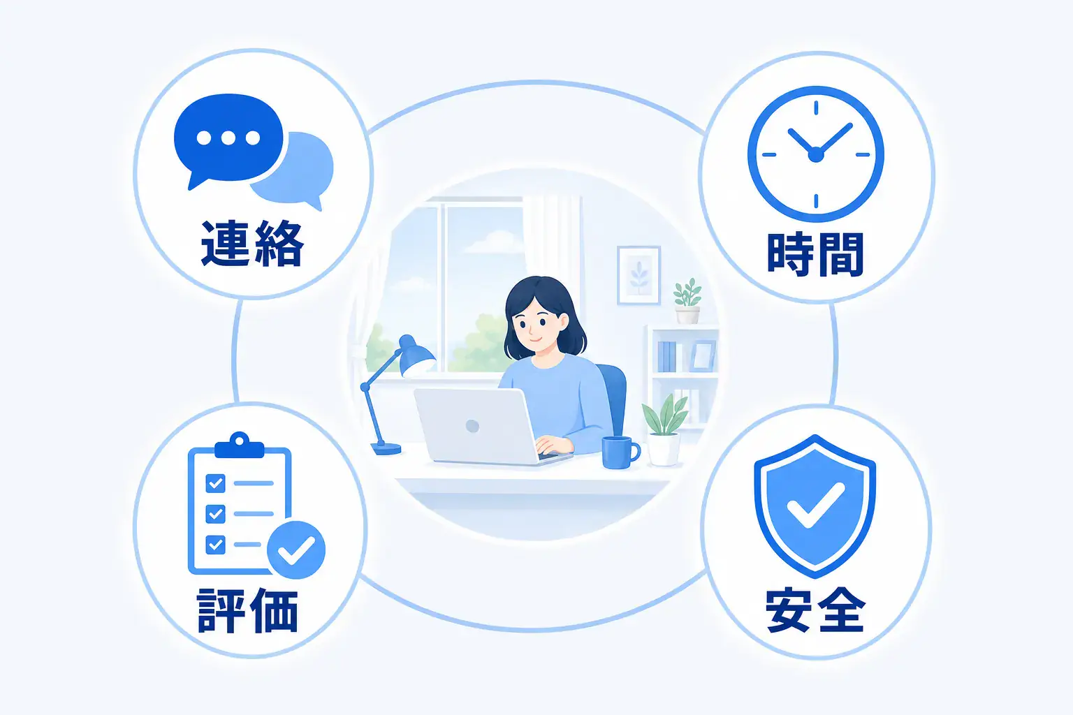 連絡方法・時間管理・評価・安全な作業環境を確認する図